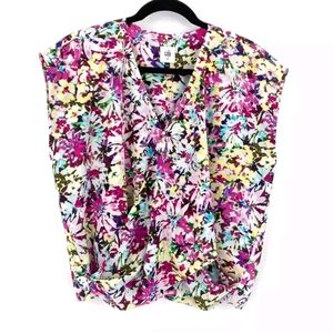 CABI CROSSOVER FLORAL FAUX WRAP V NECKLINE CAP SLEEVES SIZE SMALL